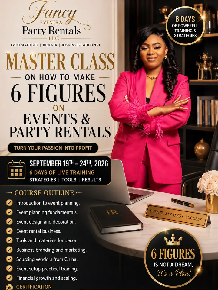 Masterclass flyer: how to make six figures in events and party rentals