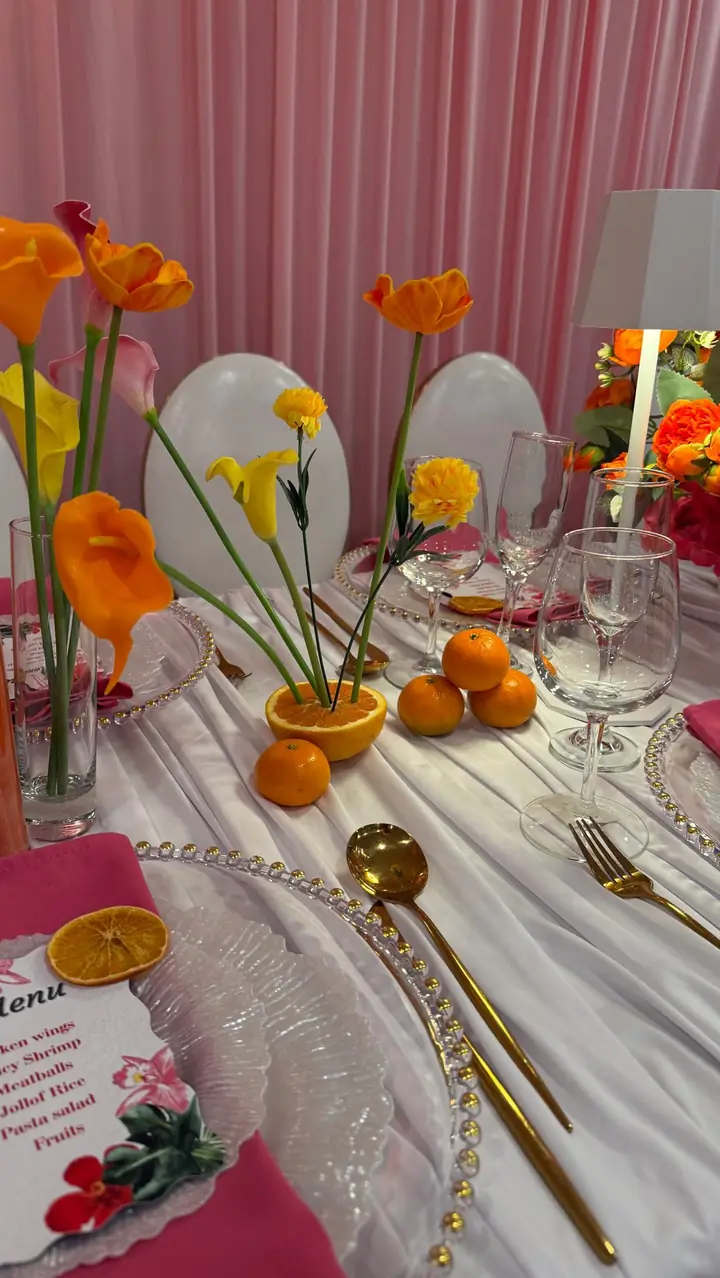 Orange and white bridal shower tablescape