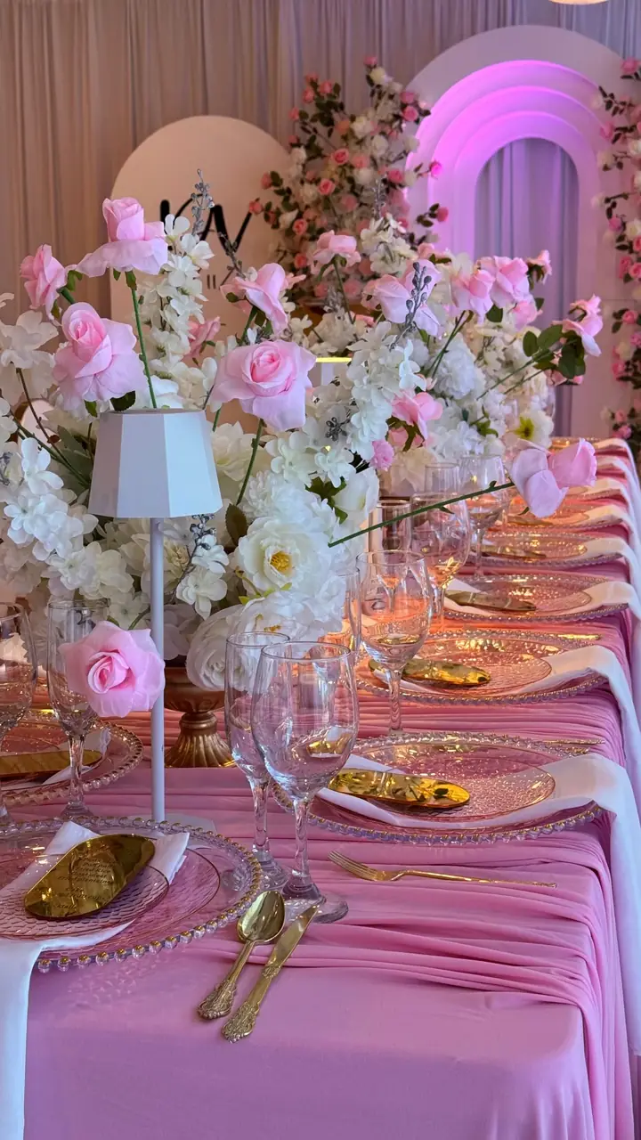 Pink and white floral wedding tablescape